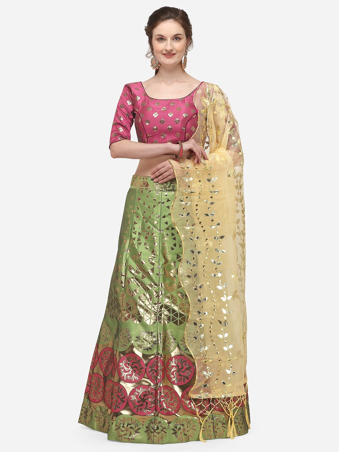 

JATRIQQ Pink & Green Woven Design Semi-Stitched Lehenga & Unstitched Blouse with Dupatta