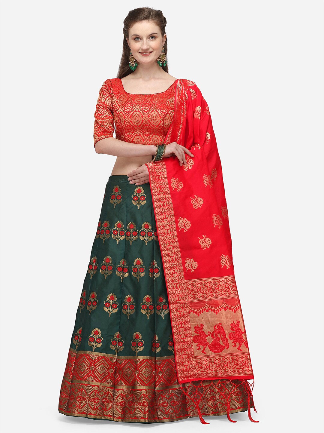 

JATRIQQ Green & Red Woven Design Semi-Stitched Lehenga & Unstitched Blouse with Dupatta