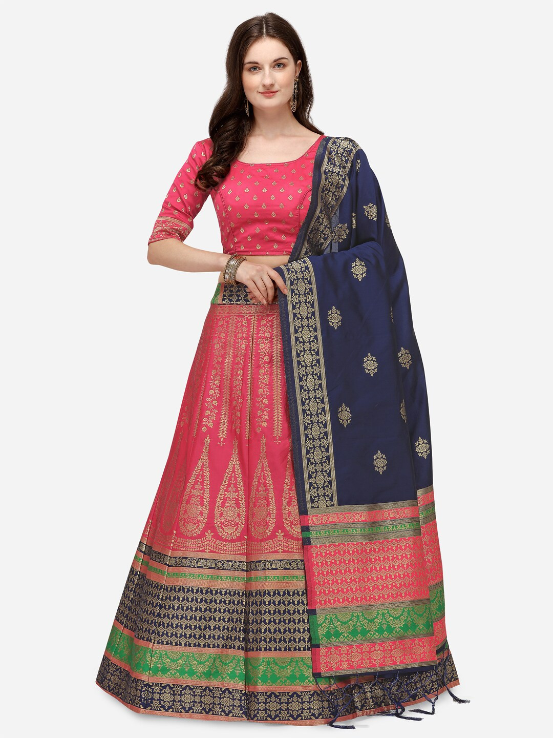 

JATRIQQ Pink & Blue Woven Design Semi-Stitched Lehenga & Unstitched Blouse with Dupatta