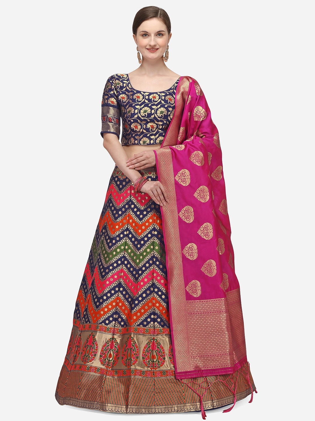 

JATRIQQ Pink & Navy Blue Woven Design Semi-Stitched Lehenga & Unstitched Blouse with Dupatta