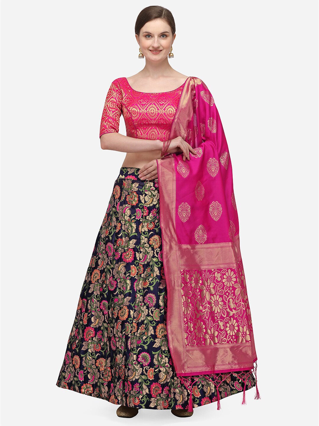 

JATRIQQ Navy Blue & Pink Woven Design Semi-Stitched Lehenga & Unstitched Blouse with Dupatta