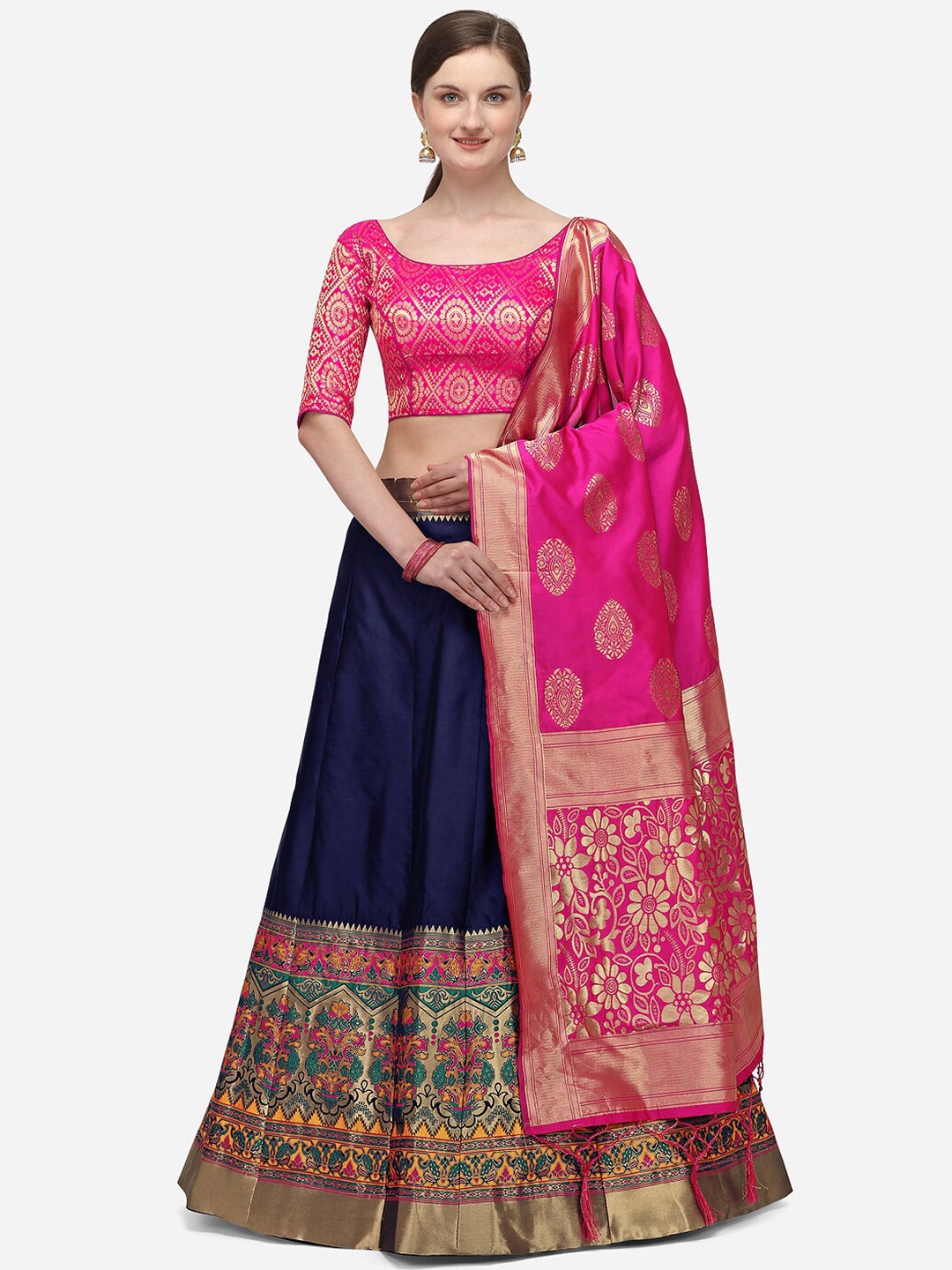 

JATRIQQ Blue & Pink Woven Design Semi-Stitched Lehenga & Unstitched Blouse with Dupatta