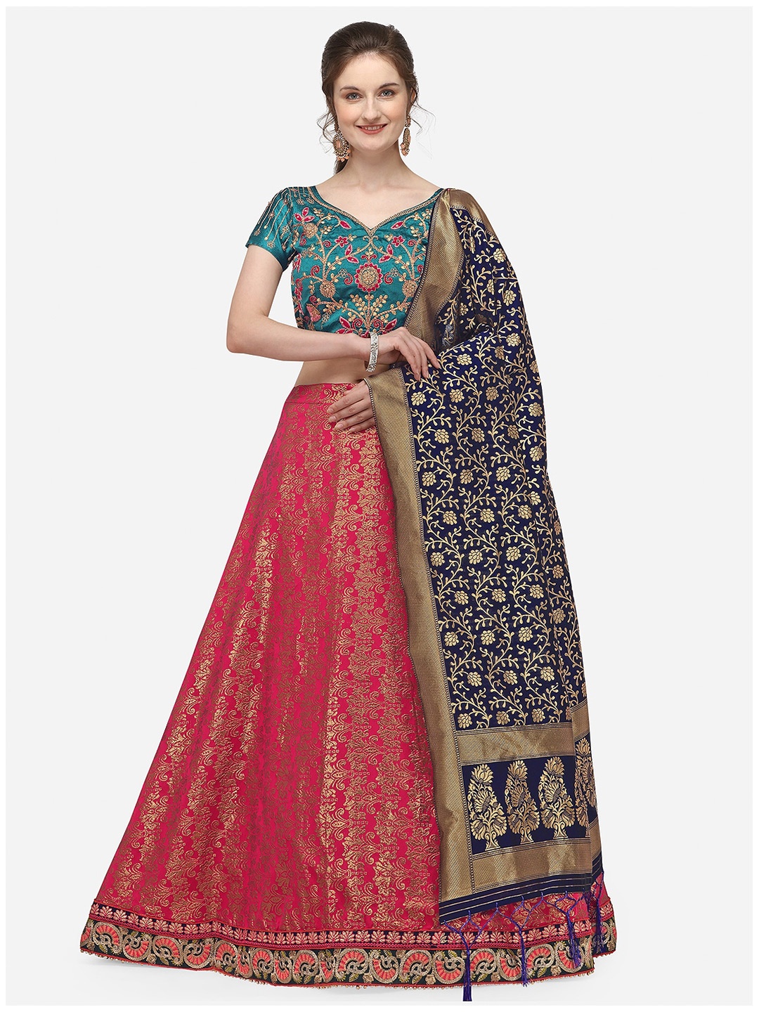 

JATRIQQ Pink & Teal Woven Design Semi-Stitched Lehenga & Unstitched Blouse with Dupatta