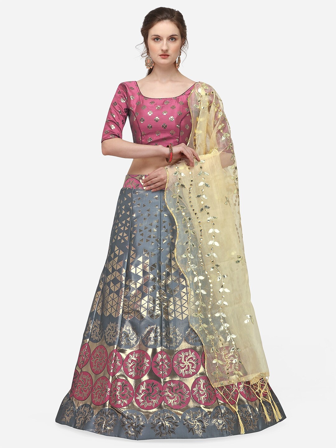 

JATRIQQ Grey & Pink Woven Design Semi-Stitched Lehenga & Unstitched Blouse with Dupatta