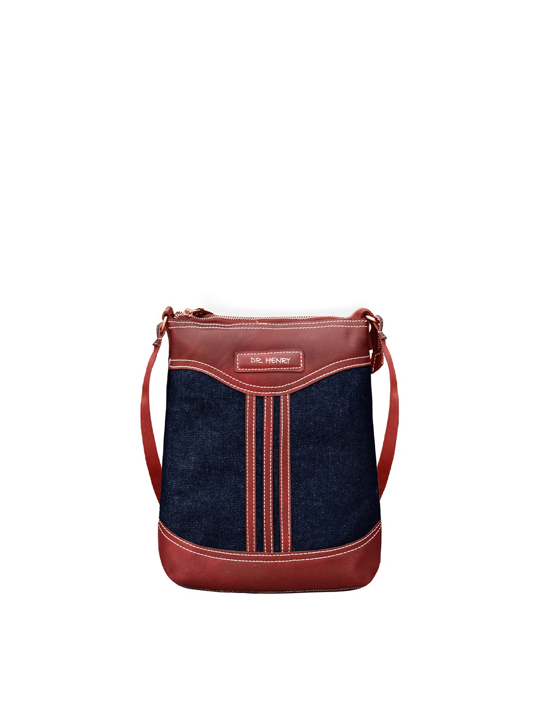 

DR. HENRY Unisex Blue & Red Solid Genuine Leather Messenger Bag