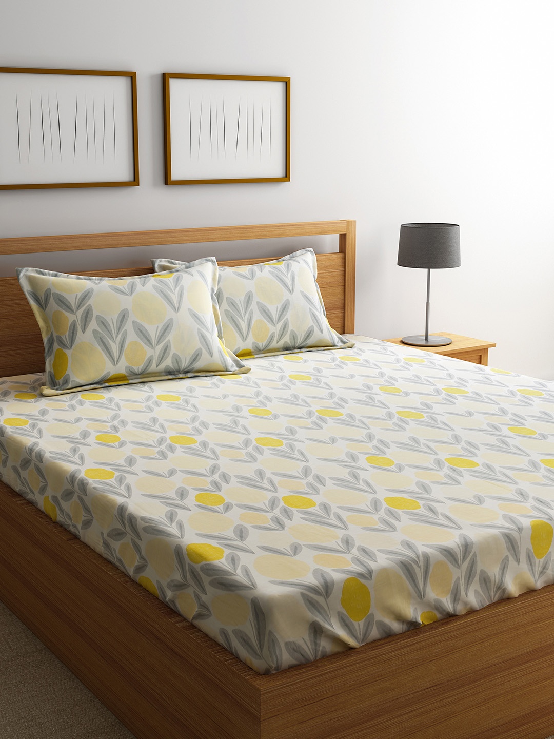 

URBAN DREAM Yellow & Grey Floral 210 TC Cotton 1 King Bedsheet with 2 Pillow Covers