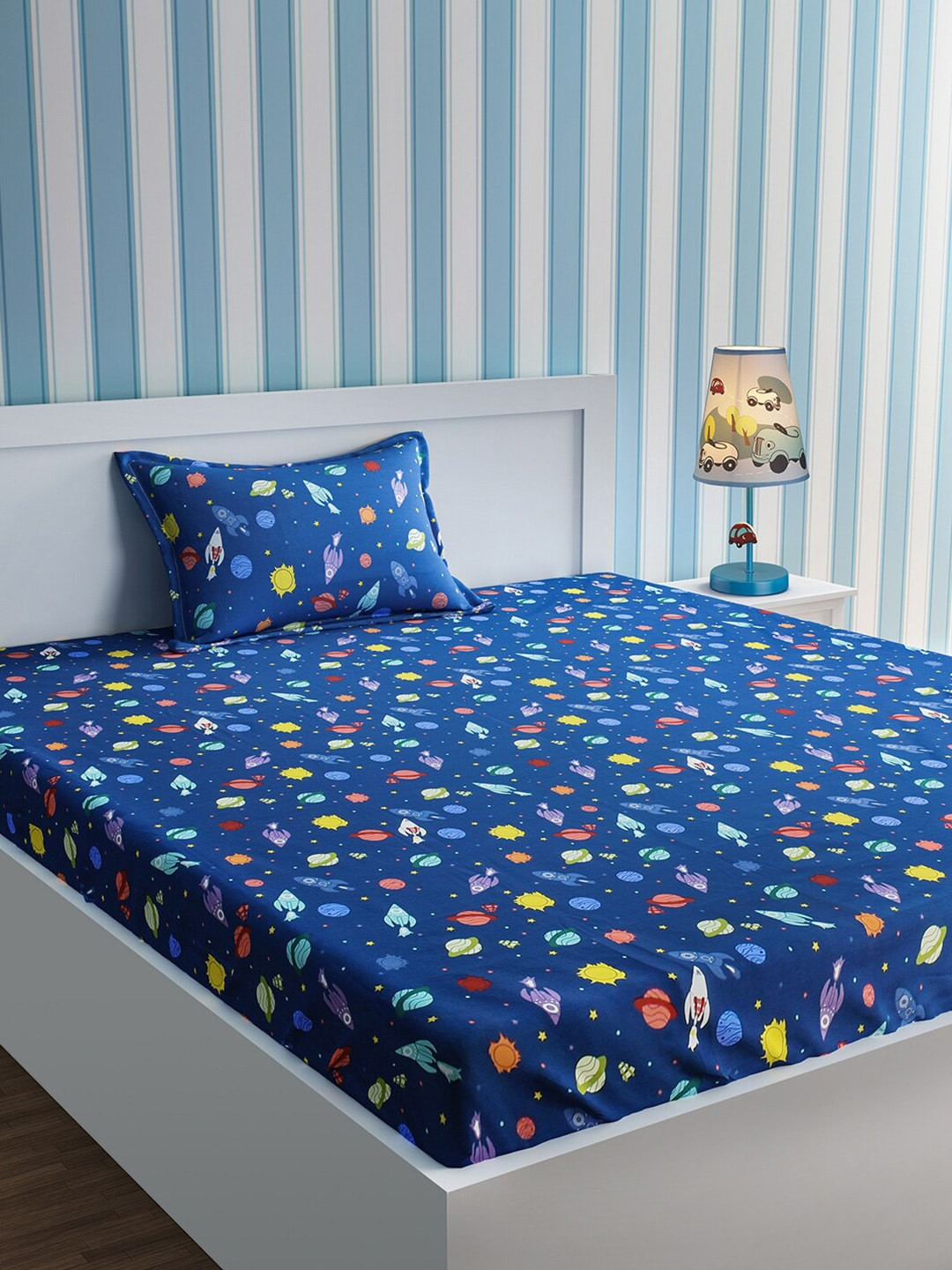 

URBAN DREAM Blue & Yellow Conversational 210 TC Cotton 1 Single Bedsheet with 1 Pillow Covers