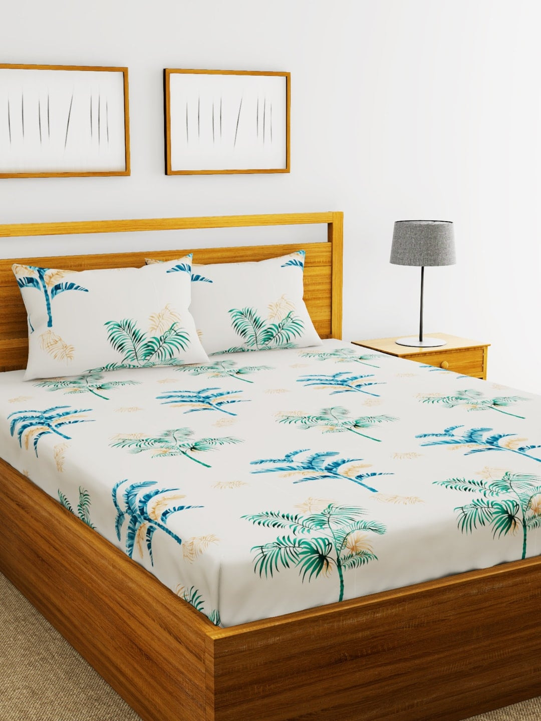 

BIANCA Off-White & Blue Graphic 152 TC Polyester 1 King Bedsheet with 2 Pillow Covers