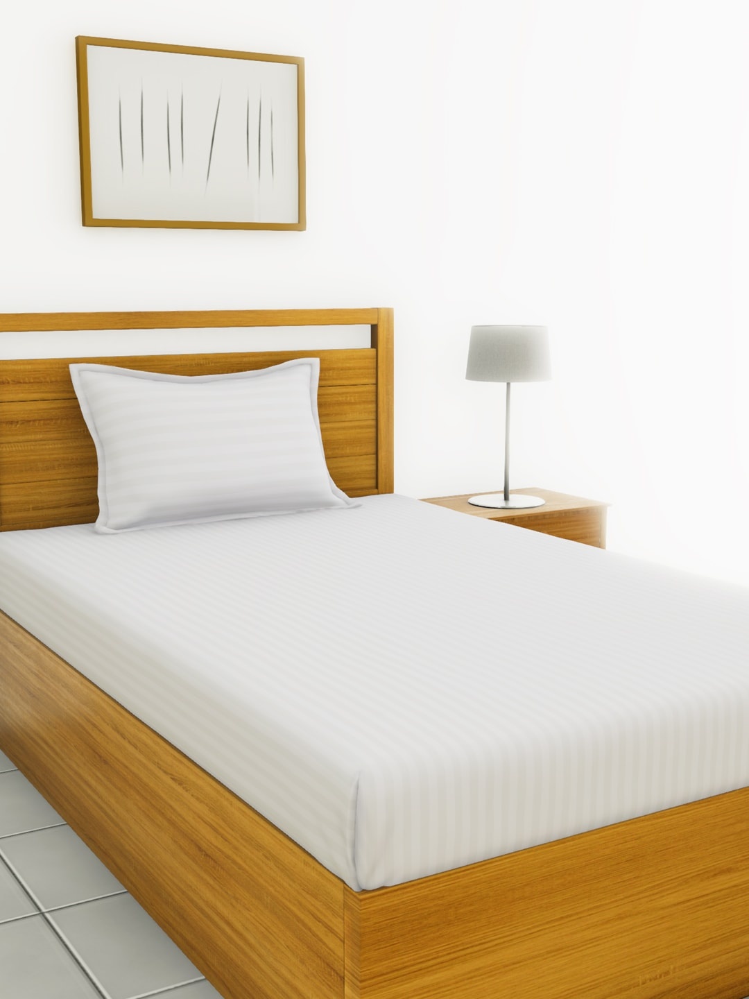 

BIANCA White Striped 210 TC Cotton 1 Single Bedsheet with 1 Pillow Covers