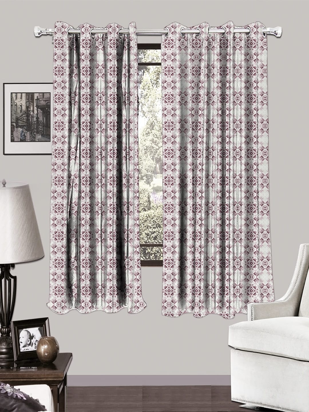 

HOUZZCODE Maroon & White Set of 2 Room Darkening Curtains