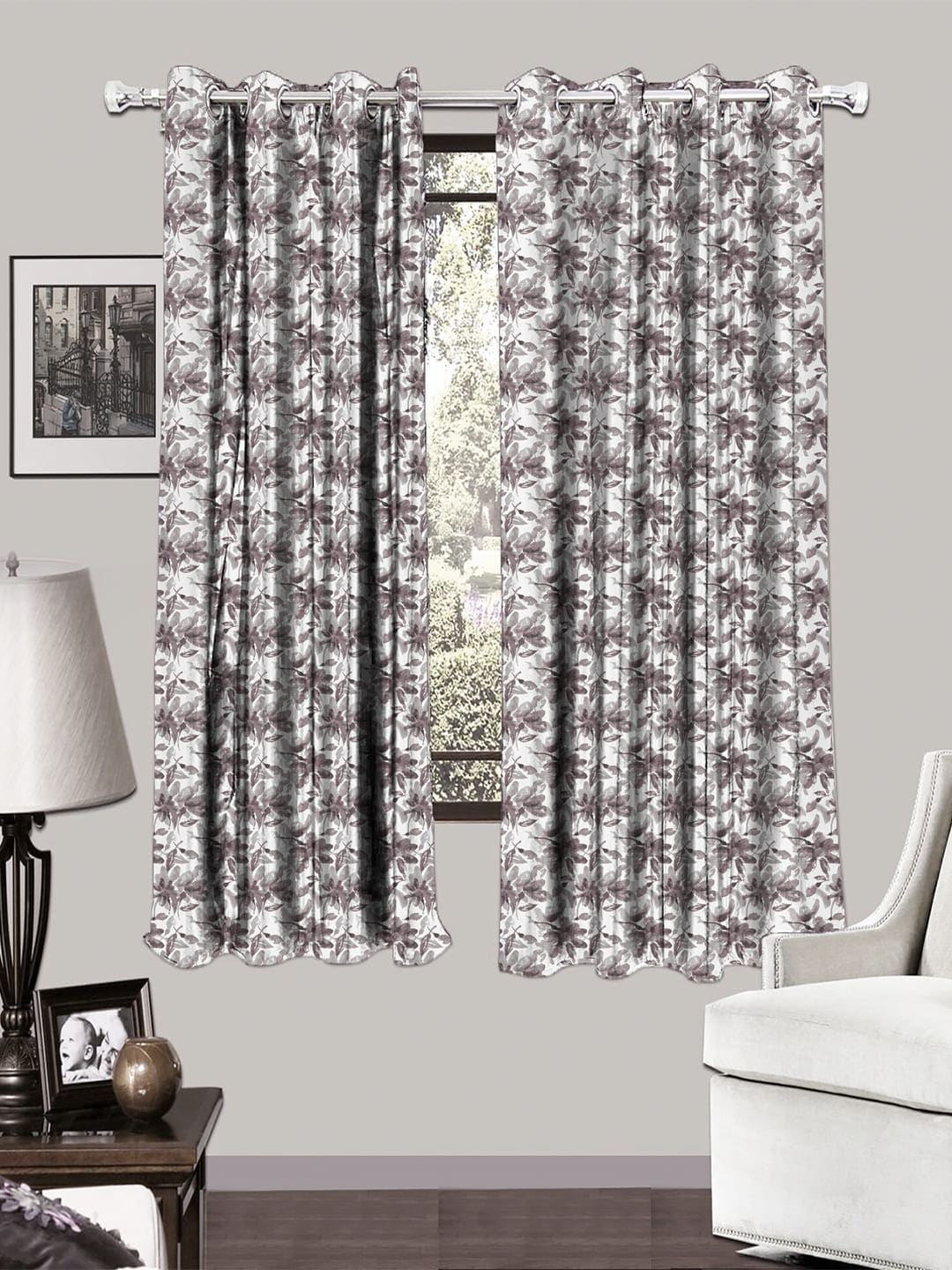 

HOUZZCODE White & Grey Set of 2 Room Darkening Curtains