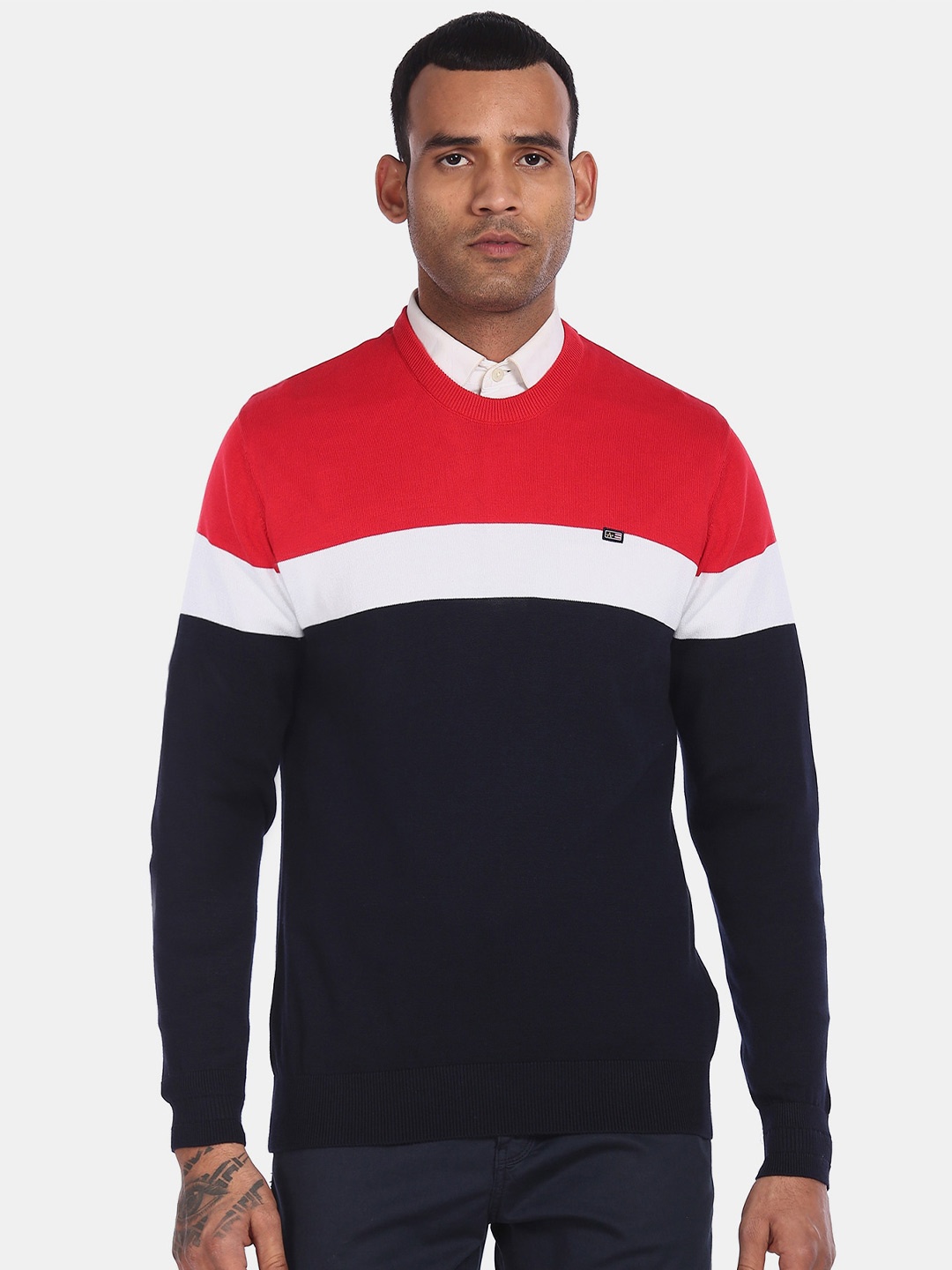 

Arrow Sport Men Navy Blue & Red Colourblocked Cotton Pullover Sweater