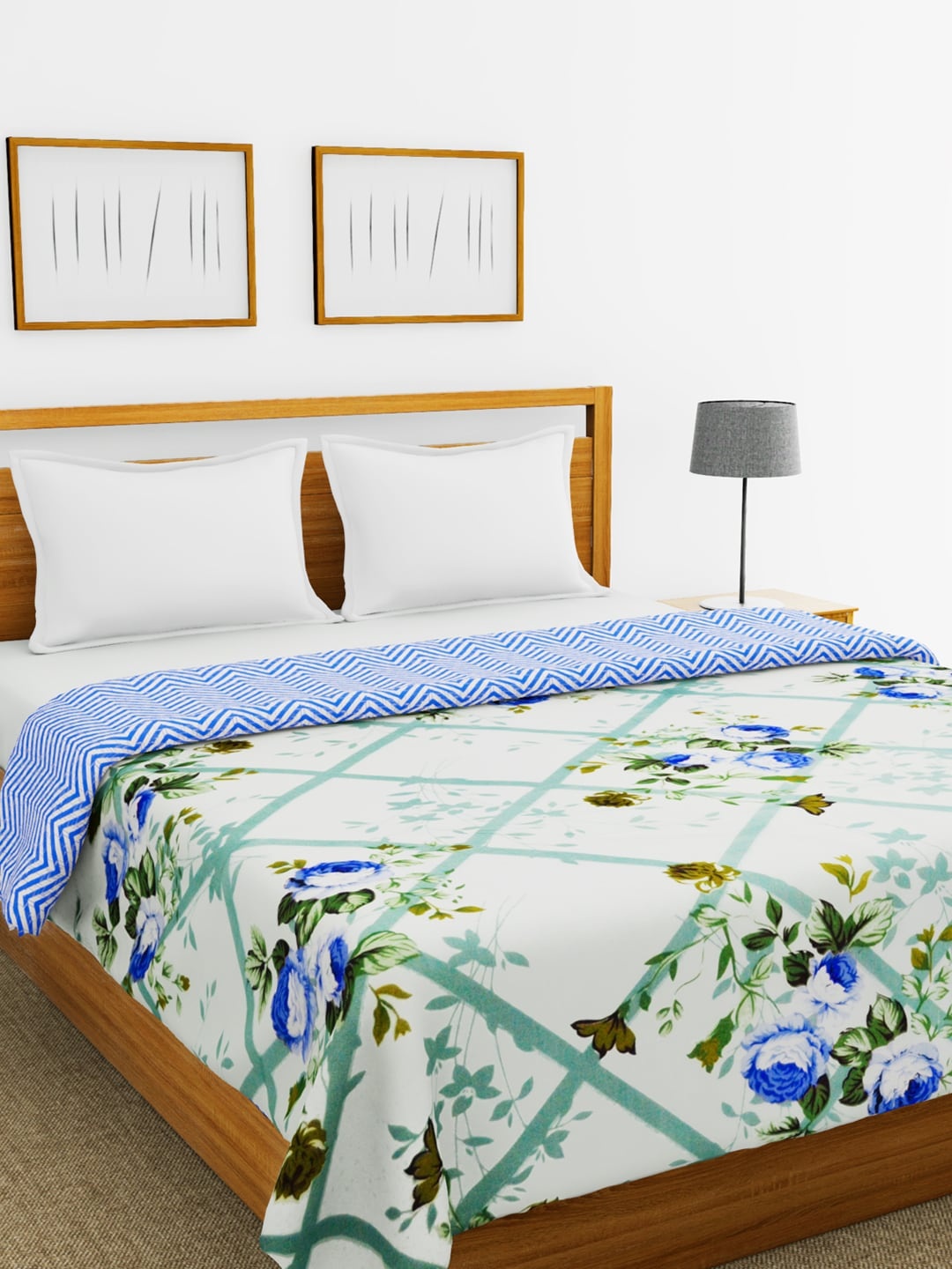 

BIANCA White & Blue Floral AC Room 300 GSM Double Bed Dohar