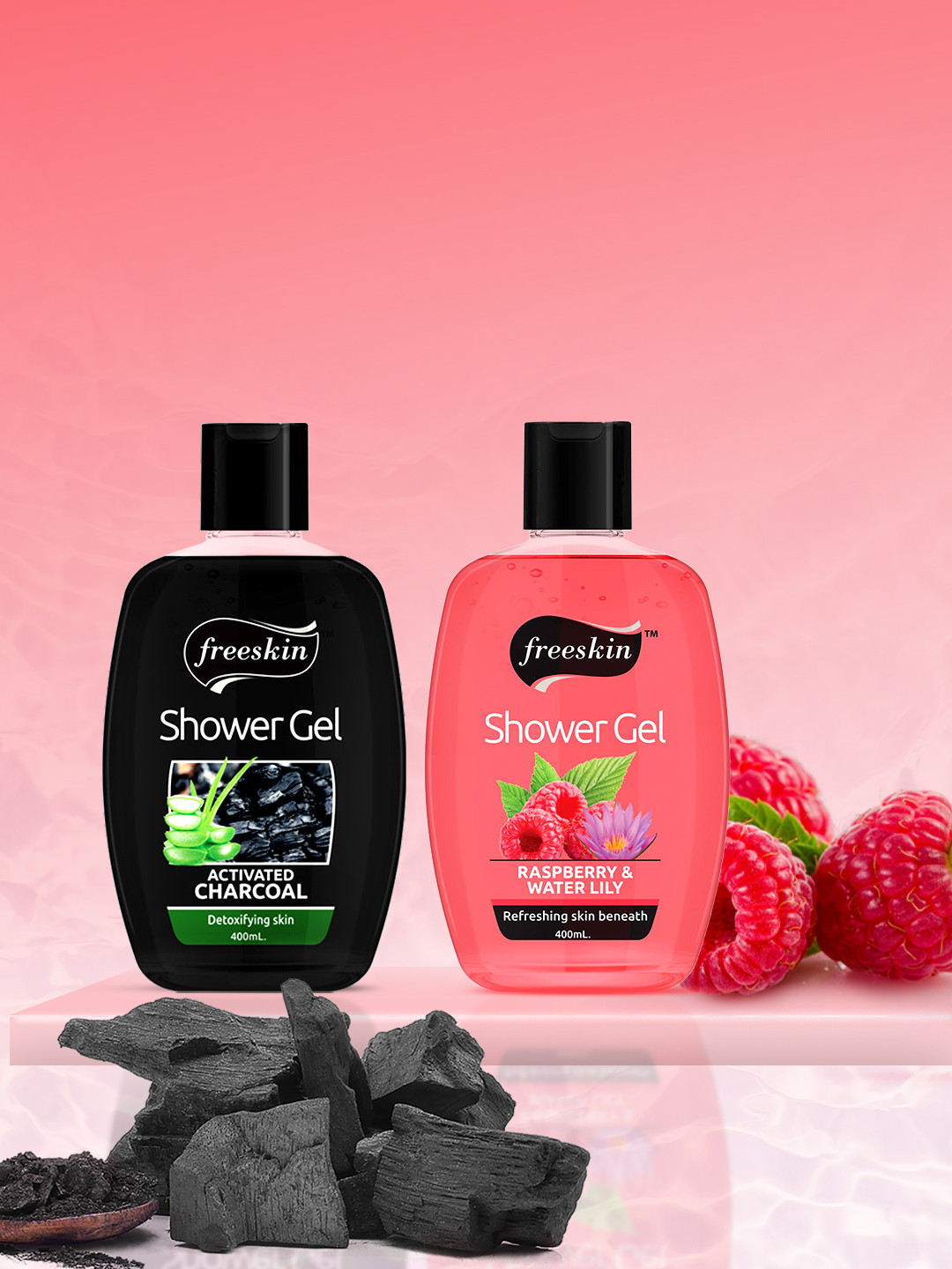 

Freeskin Unisex Pack of 2 Charcoal & Raspberry shower Gel 400 ml, Multi