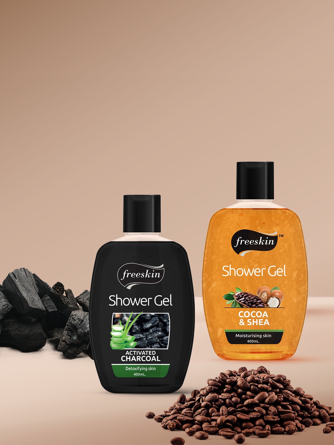 

Freeskin Unisex Pack of 2 Charcoal & Cocoa Shea shower Gel 400 ml, Multi