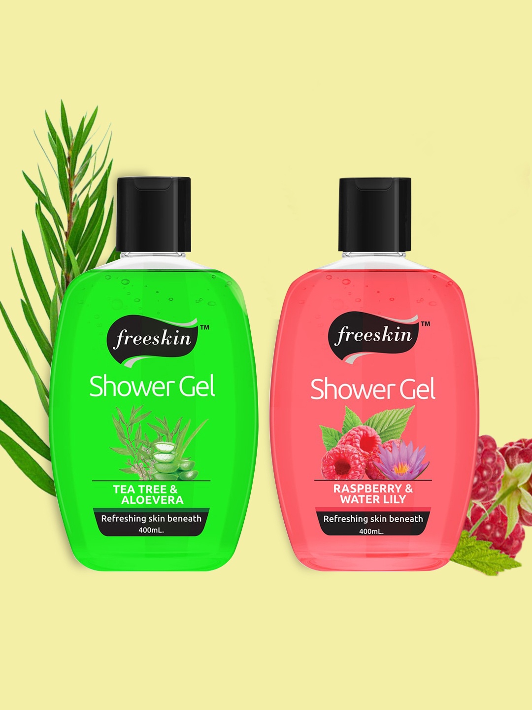 

Freeskin Unisex Pack of 2 Tea Tree & Raspberry Shower Gel 400 ml, Multi