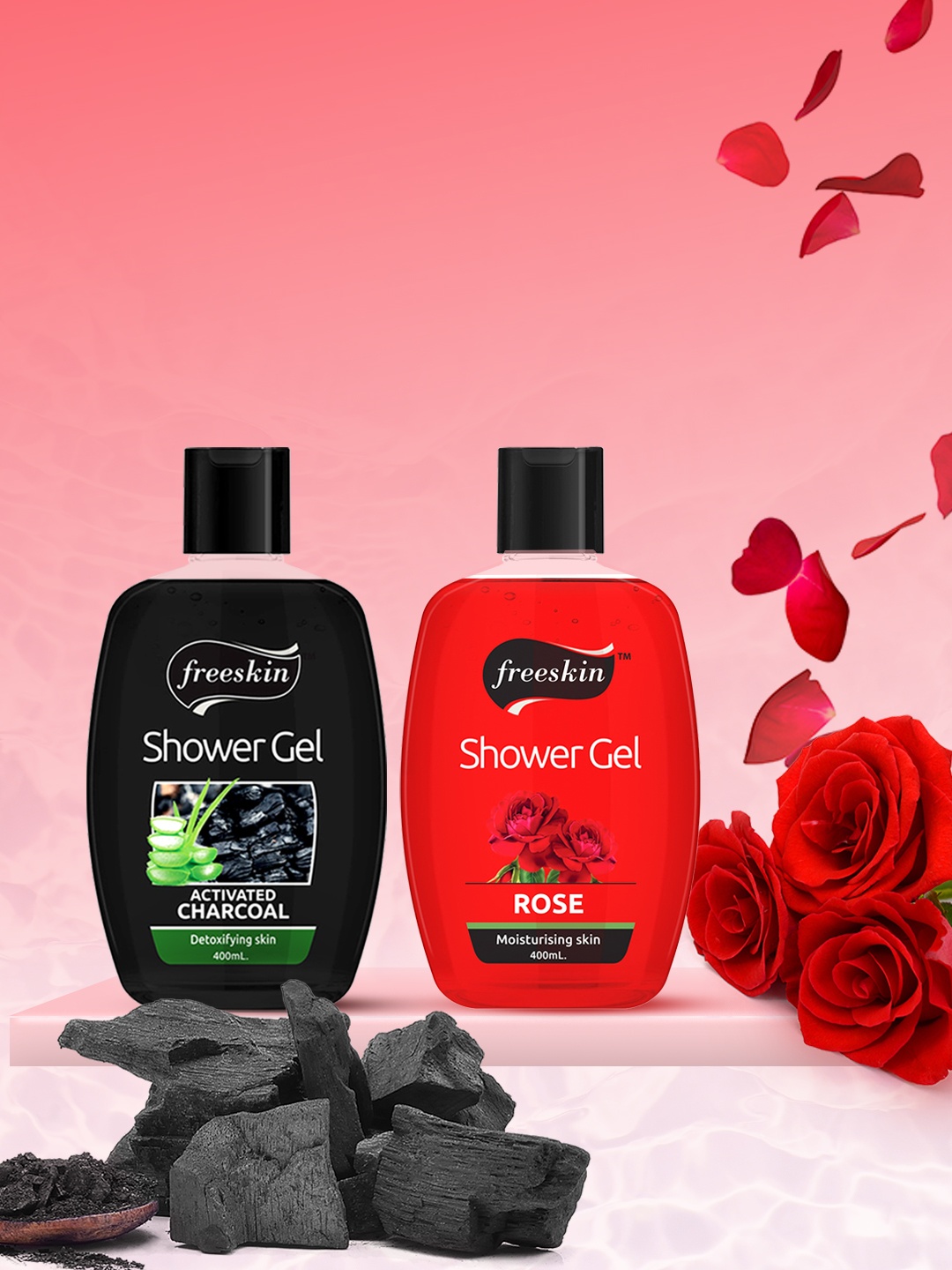 

Freeskin Unisex Pack of 2 Charcoal & Rose shower Gel 400 ml, Multi
