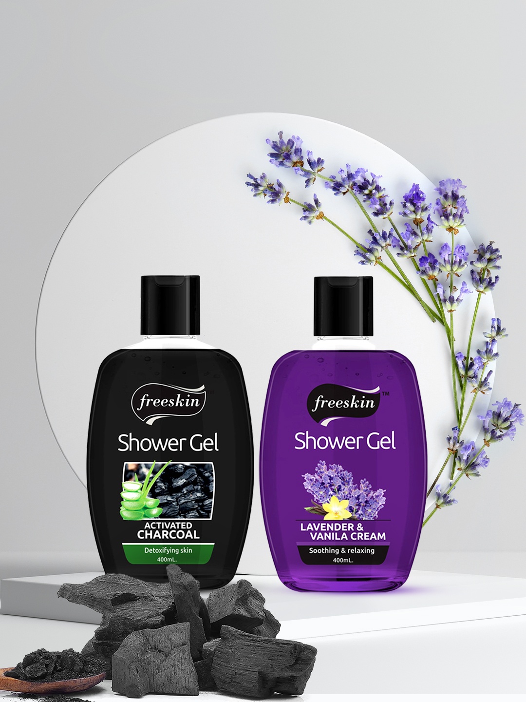 

Freeskin Unisex Pack of 2 Charcoal & Lavender shower Gel 400 ml, Multi