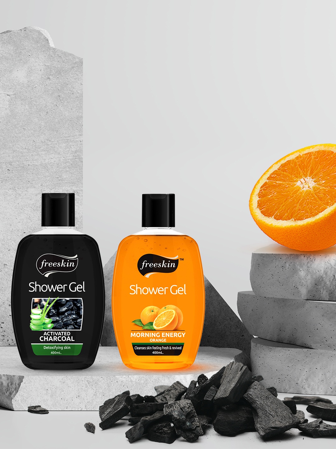 

Freeskin Unisex Pack of 2 Charcoal & Orange shower Gel 400 ml, Multi