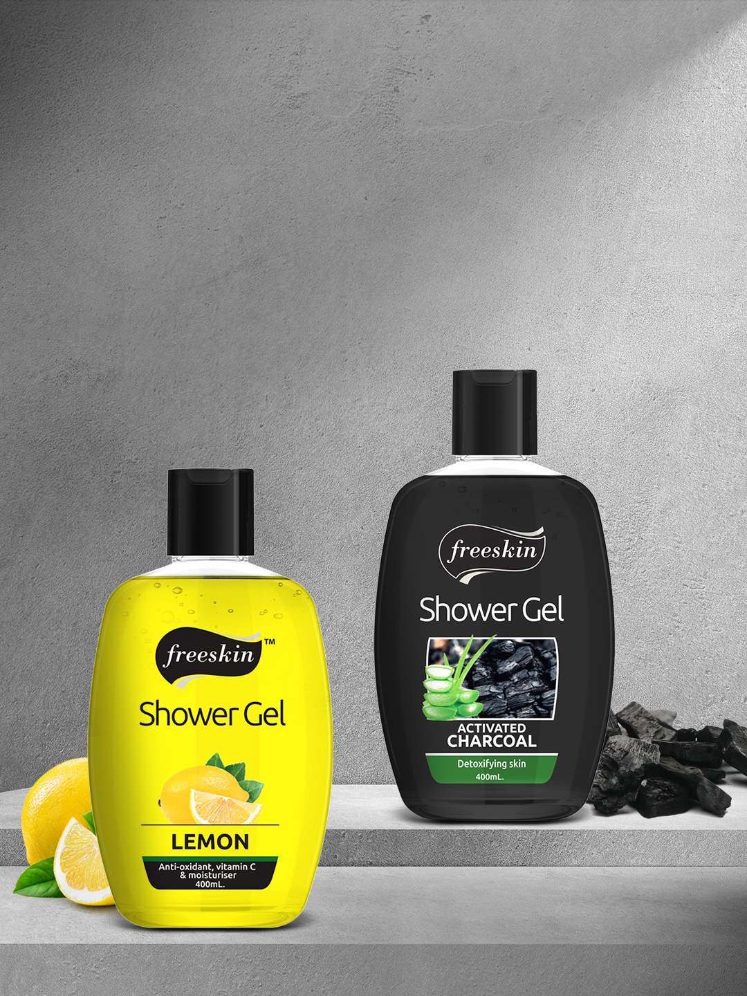 

Freeskin Unisex Pack of 2 Charcoal & Lemon shower Gel 400 ml, Multi