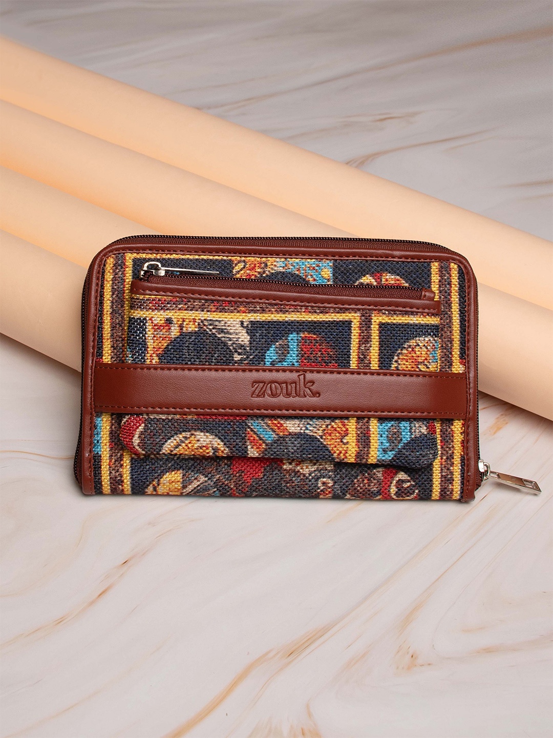 

ZOUK Women Black & Brown African Art Printed Vegan Leather Zip Around Sustainable Wallet