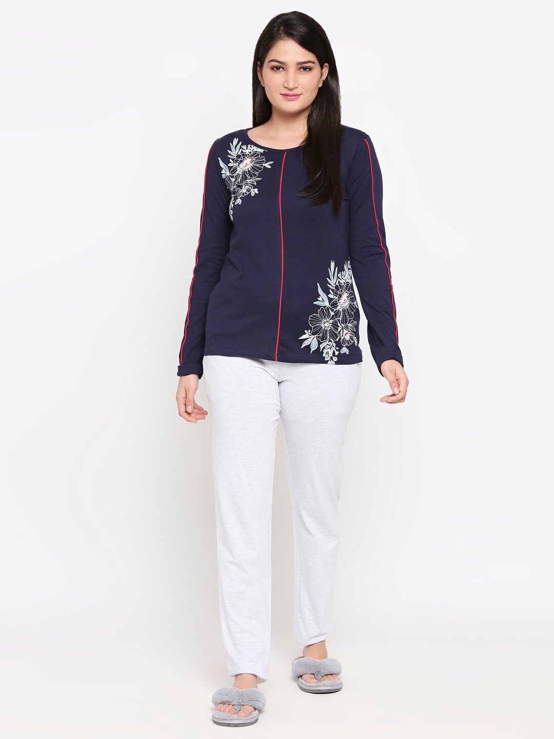 

XIN Women Navy Blue & Grey Melange Printed Night suit