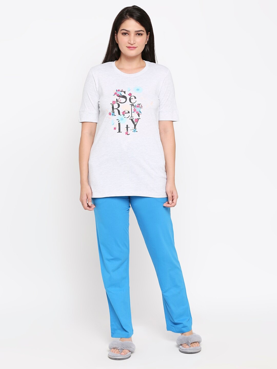 

XIN Women Grey Melange & Blue Printed Night Suit