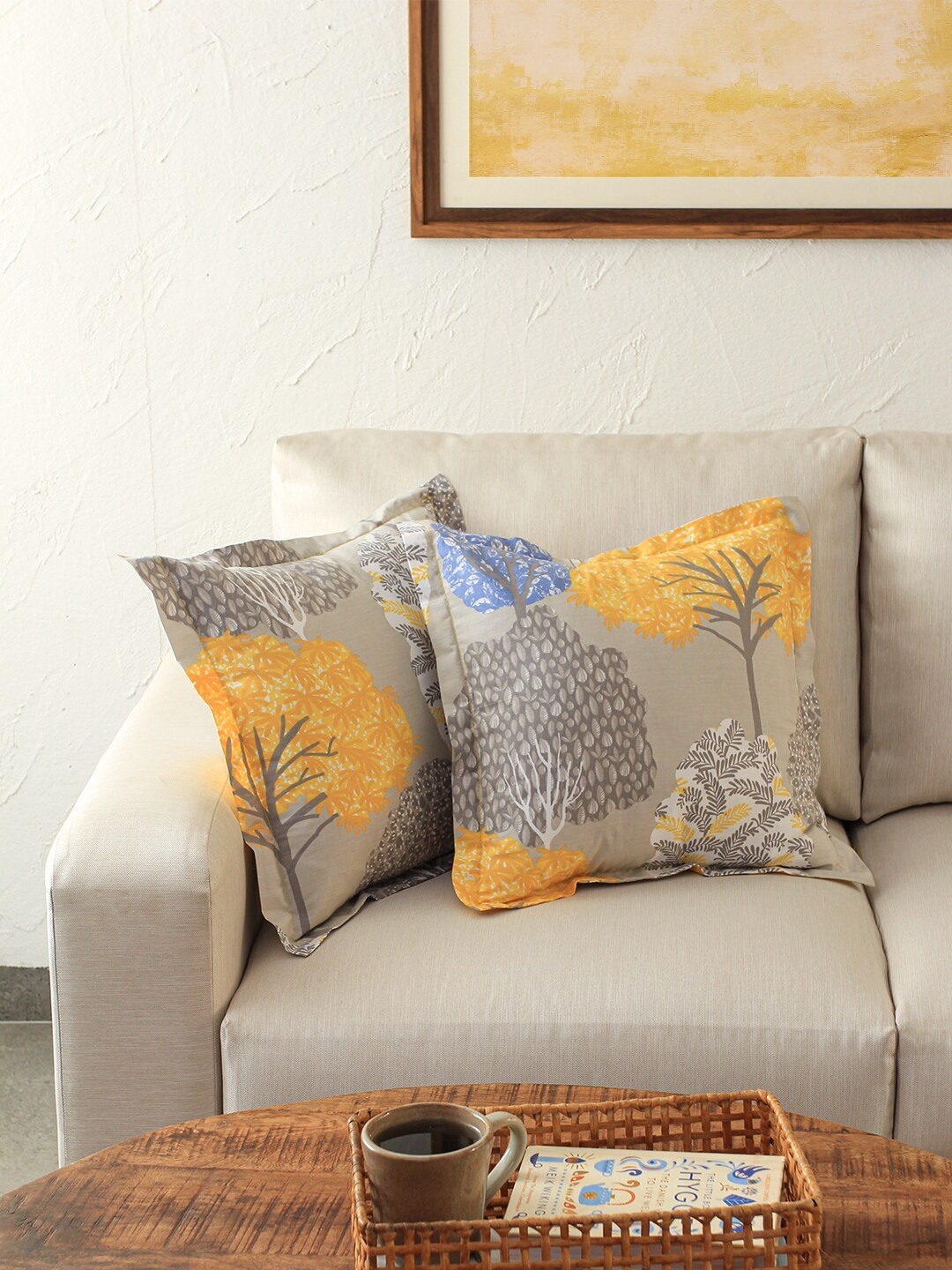 

House This Yellow & Grey Set of 2 Floral Cotton Square Cushion Covers