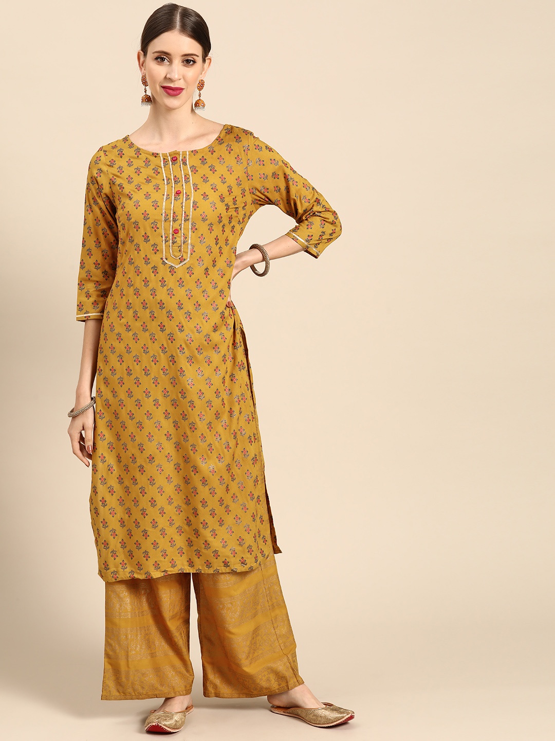 

Anouk Women Mustard Yellow & Blue Printed Gotta Patti Kurta with Palazzos