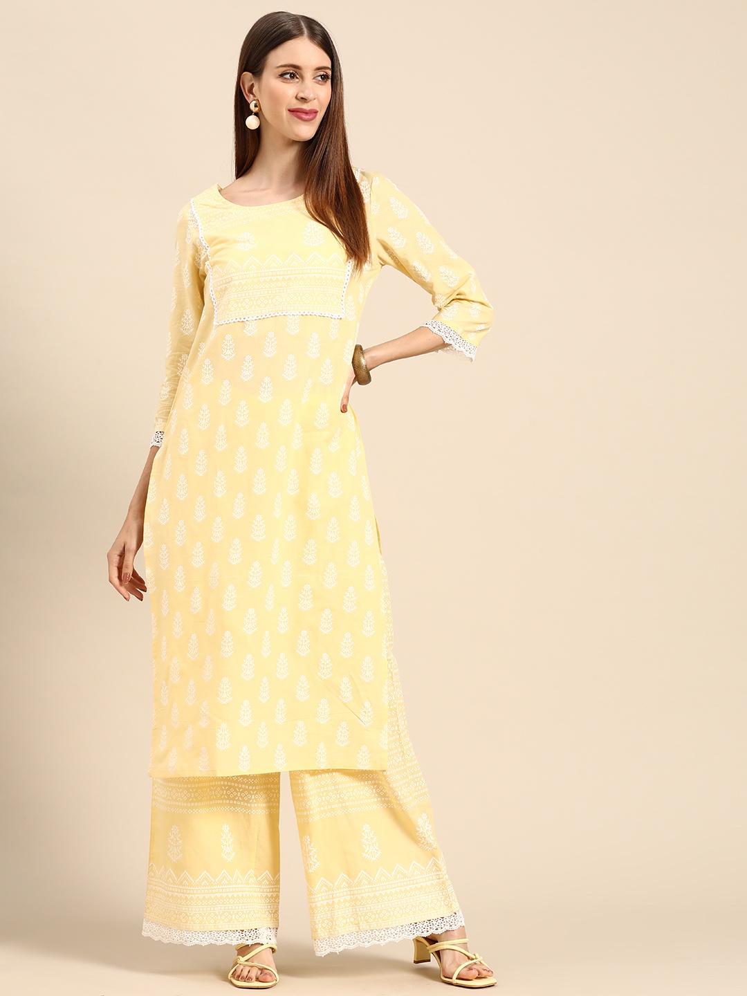 

Anouk Women Yellow & White Ethnic Motifs Printed Pure Cotton Kurta with Palazzos
