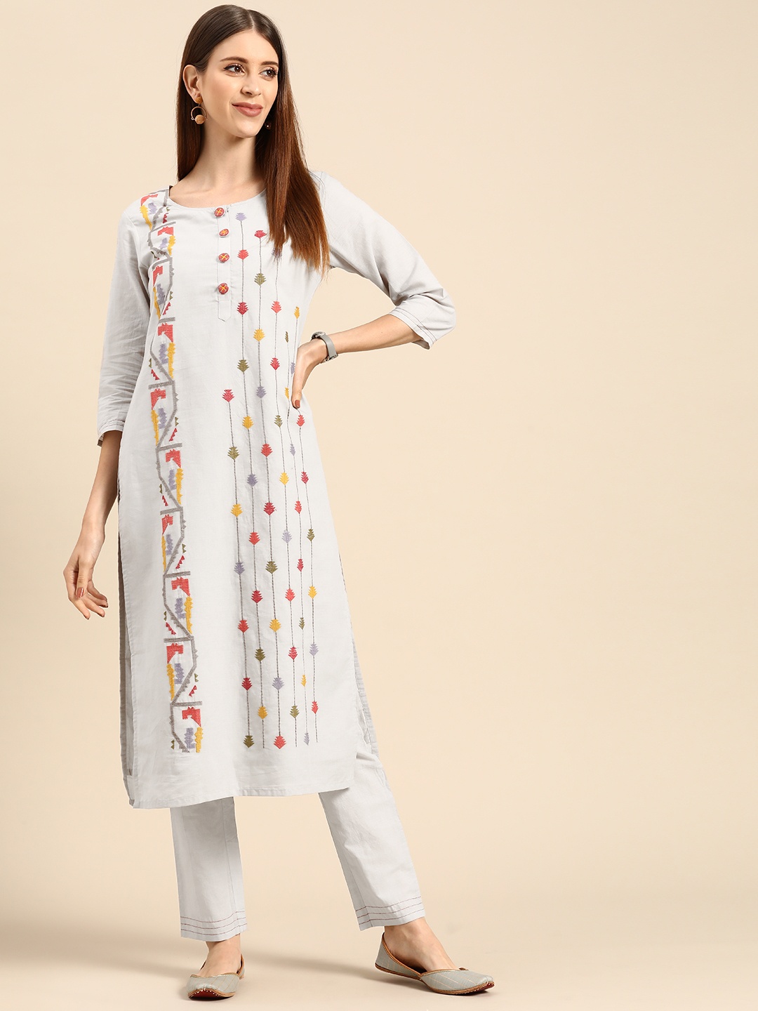 

Anouk Women Blue & Red Embroidered Pure Cotton Kurta with Trousers