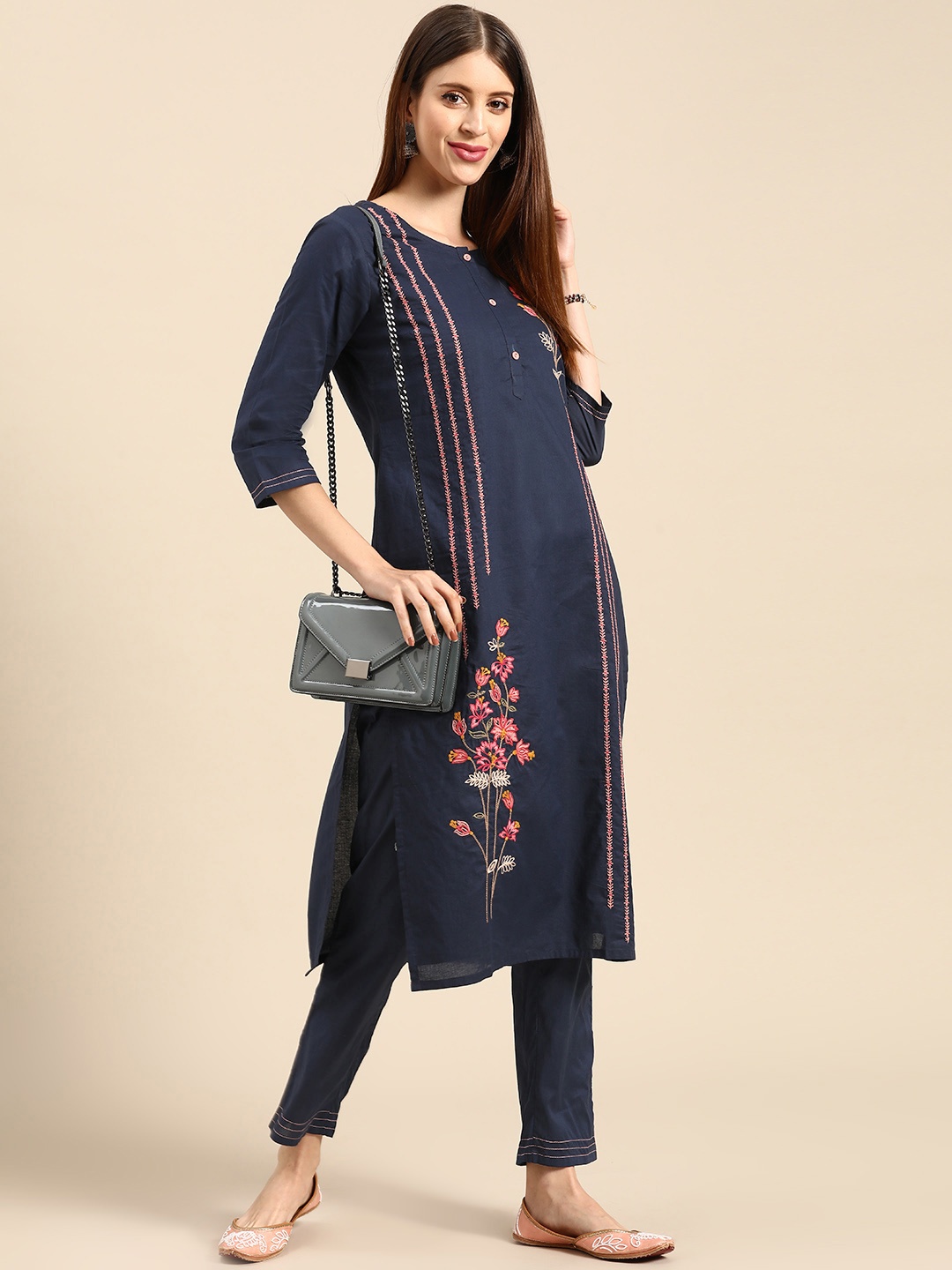 

Anouk Women Navy Blue Floral Embroidered Thread Work Pure Cotton Kurta with Trousers