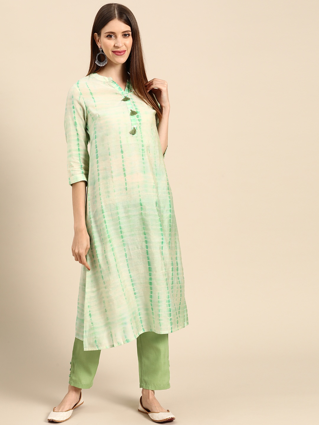 

Anouk Women Cream-Coloured & Green Leheriya Printed Kurta with Trousers