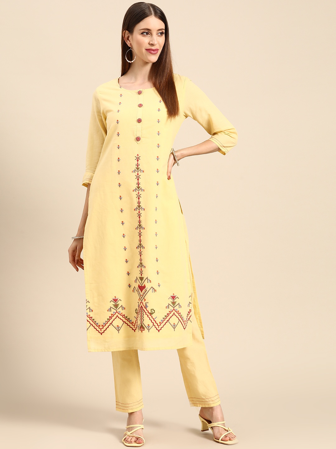 

Anouk Women Yellow Embroidered Thread Work Pure Cotton Kurta with Trousers