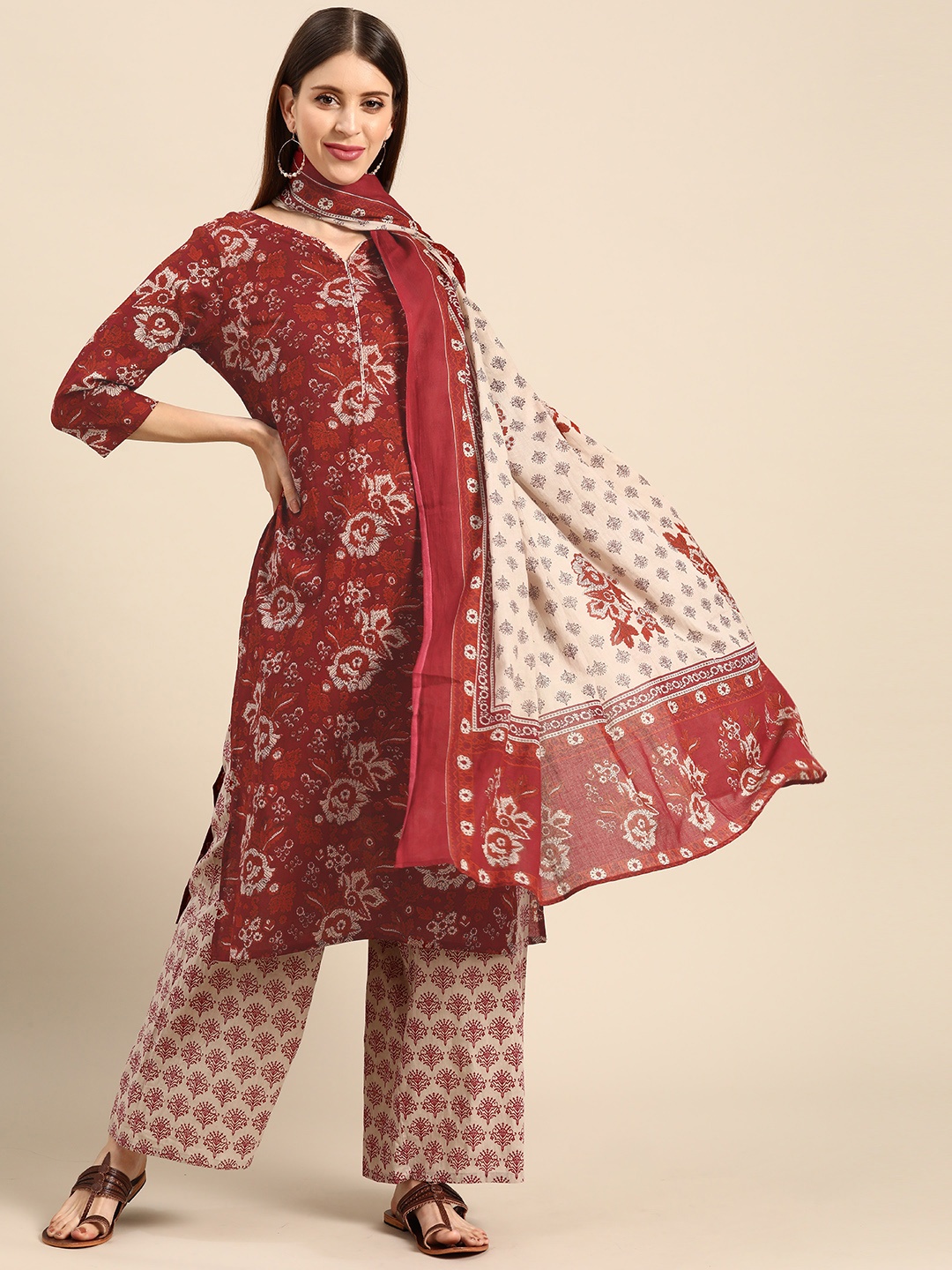 

Anouk Women Maroon & Beige Ethnic Motifs Print Pure Cotton Kurta with Palazzos & Dupatta