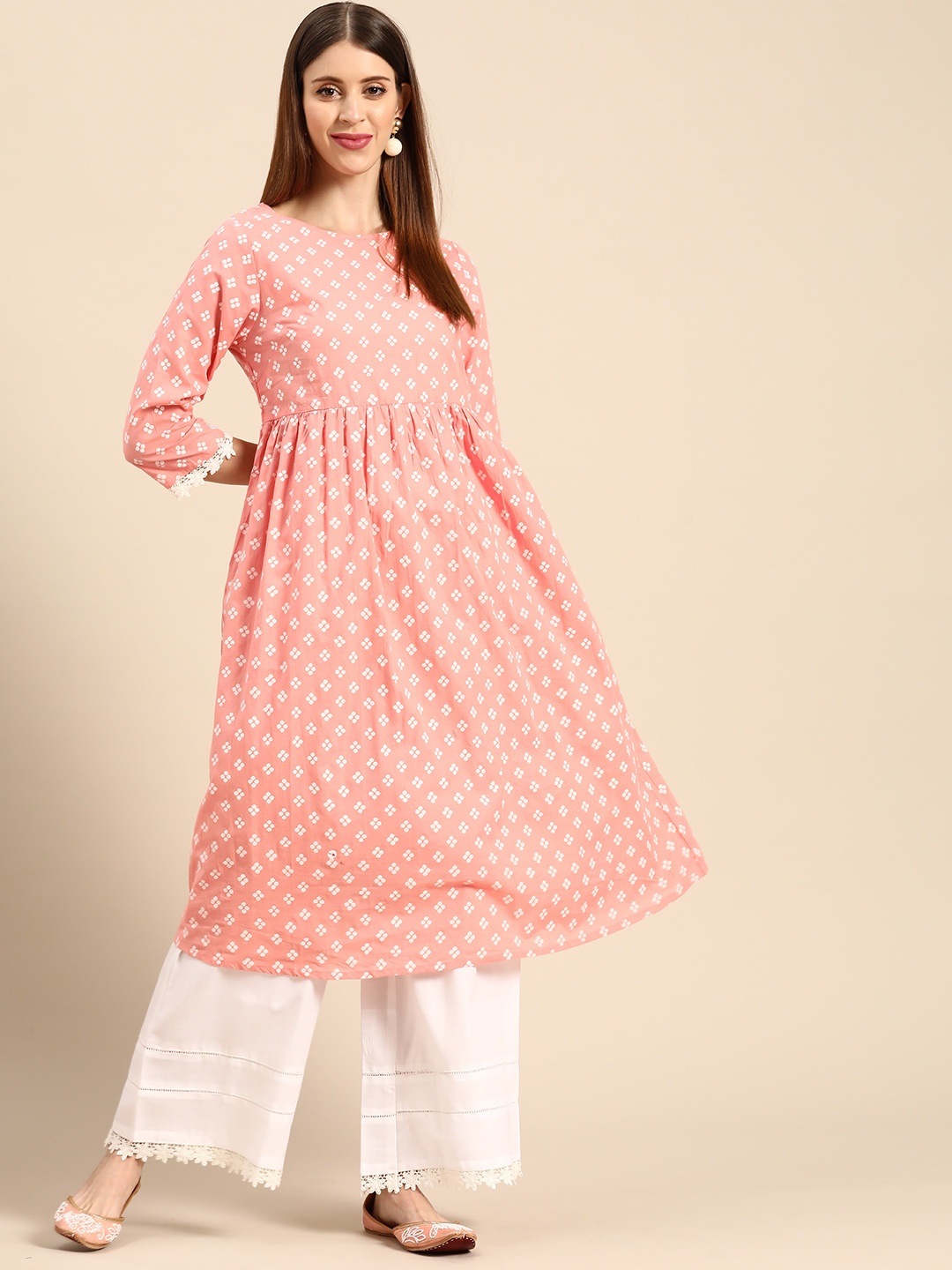 

Anouk Women Pink & White Printed Pure Cotton Kurta with Palazzos