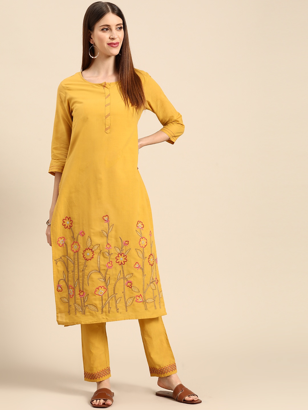 

Anouk Women Mustard Yellow Ethnic Motifs Embroidered Thread Work Pure Cotton Kurta with Trousers