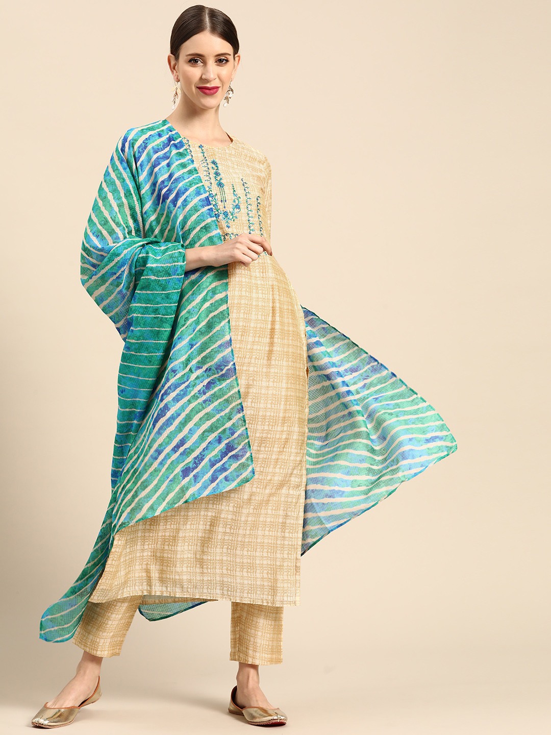 

Anouk Women Beige & Blue Thread Work Kurta with Trousers & Dupatta