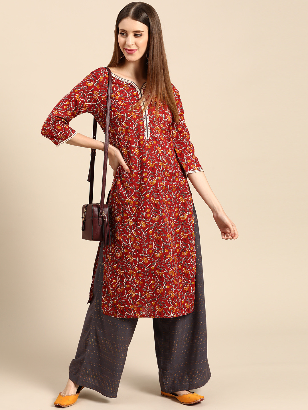 

Anouk Women Maroon & Grey Ethnic Motifs Print Pure Cotton Kurta with Palazzos