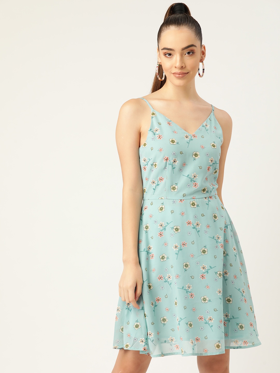 

DODO & MOA Blue & Olive Green Floral Printed Crepe A-Line Dress