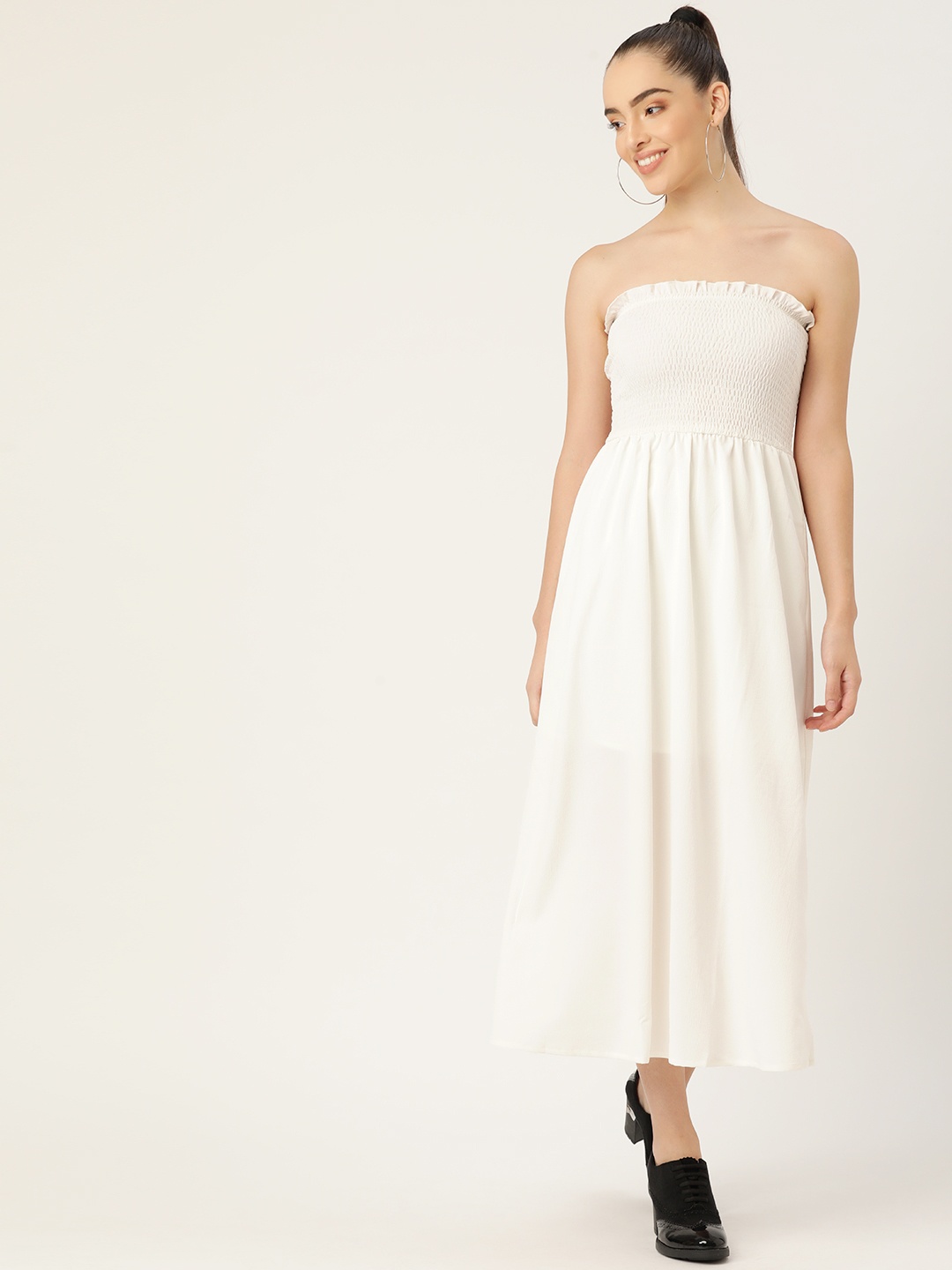 

DODO & MOA White Solid Off-Shoulder Crepe Sheath Midi Dress