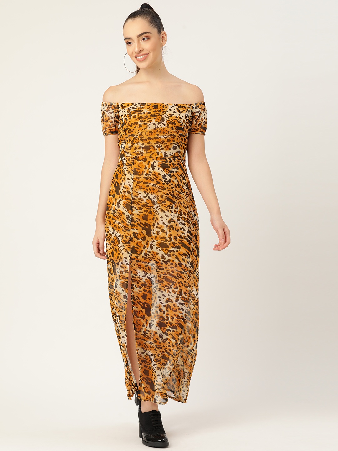 

DODO & MOA Orange & Black Animal Printed Off-Shoulder Georgette Maxi Dress