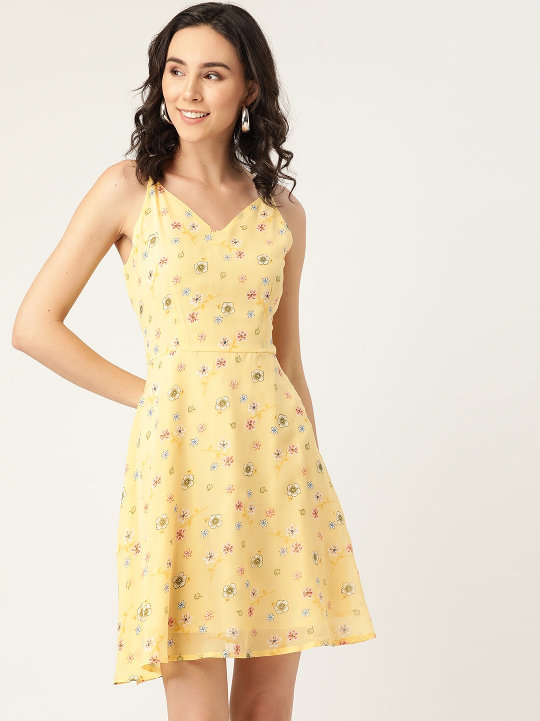 

DODO & MOA Yellow Floral Crepe A-Line Dress