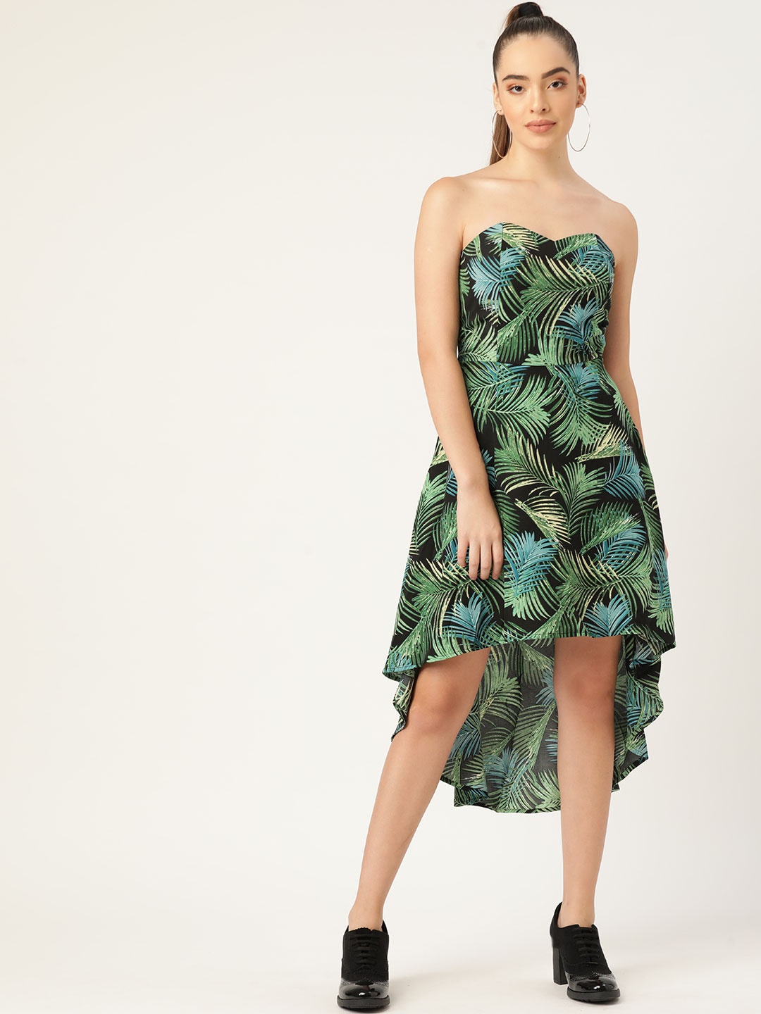 

DODO & MOA Black & Green Tropical Crepe A-Line High-Low Dress