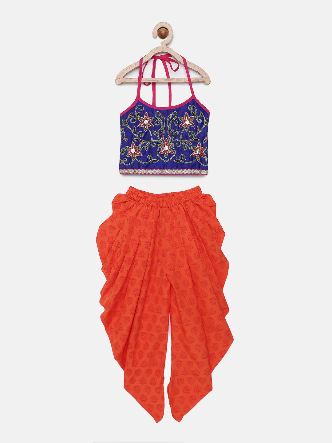 

Twisha Girls Blue & Orange Embellished Top with Dhoti Pants