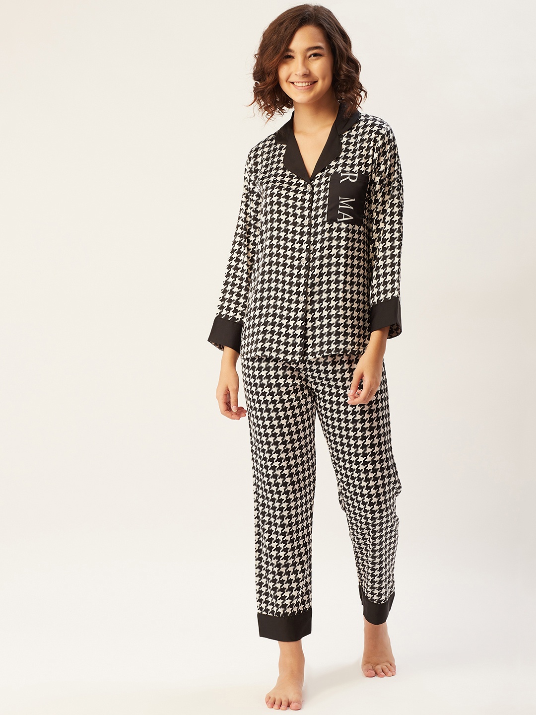 

Sweet Dreams Women Black & White Houndstooth Print Satin Finish Night suit