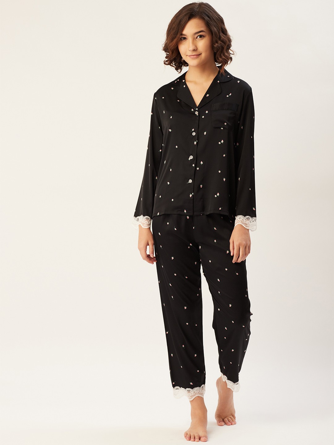 

Sweet Dreams Women Black & White Satin Printed Night suit