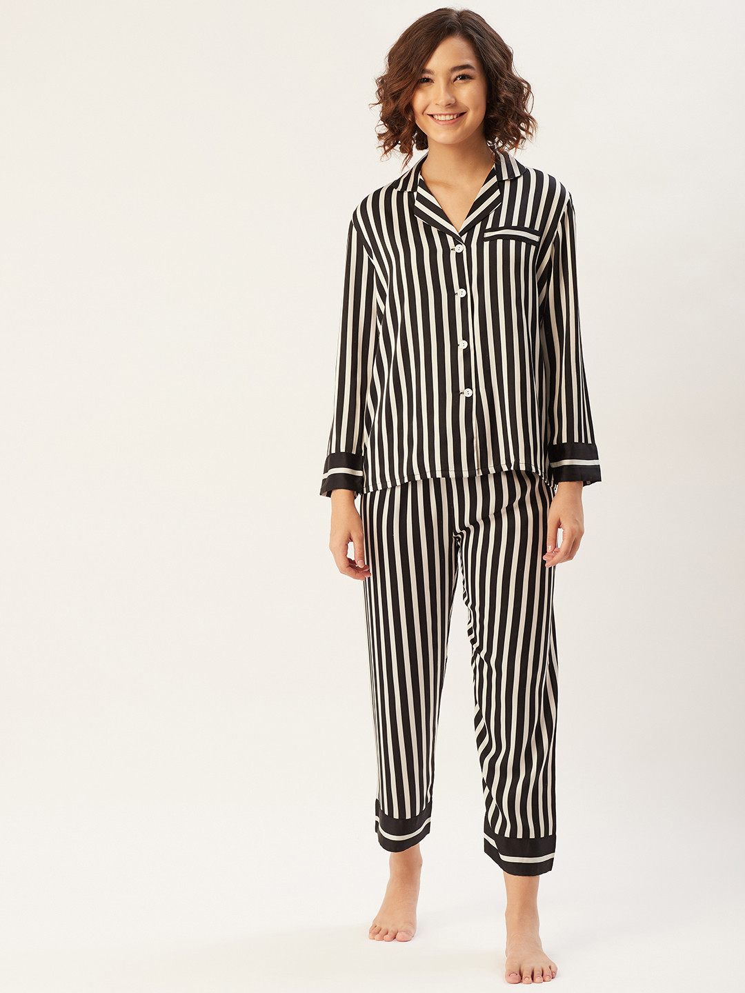 

Sweet Dreams Women Black & Off White Satin Finish Striped Night Suit