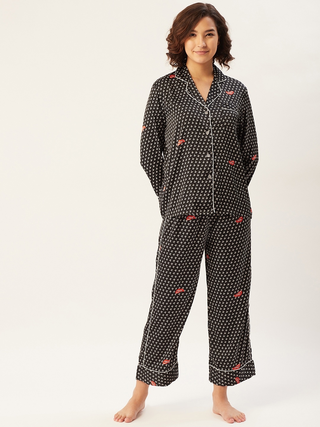

Sweet Dreams Women Black & Off White Satin Finish Printed Night Suit