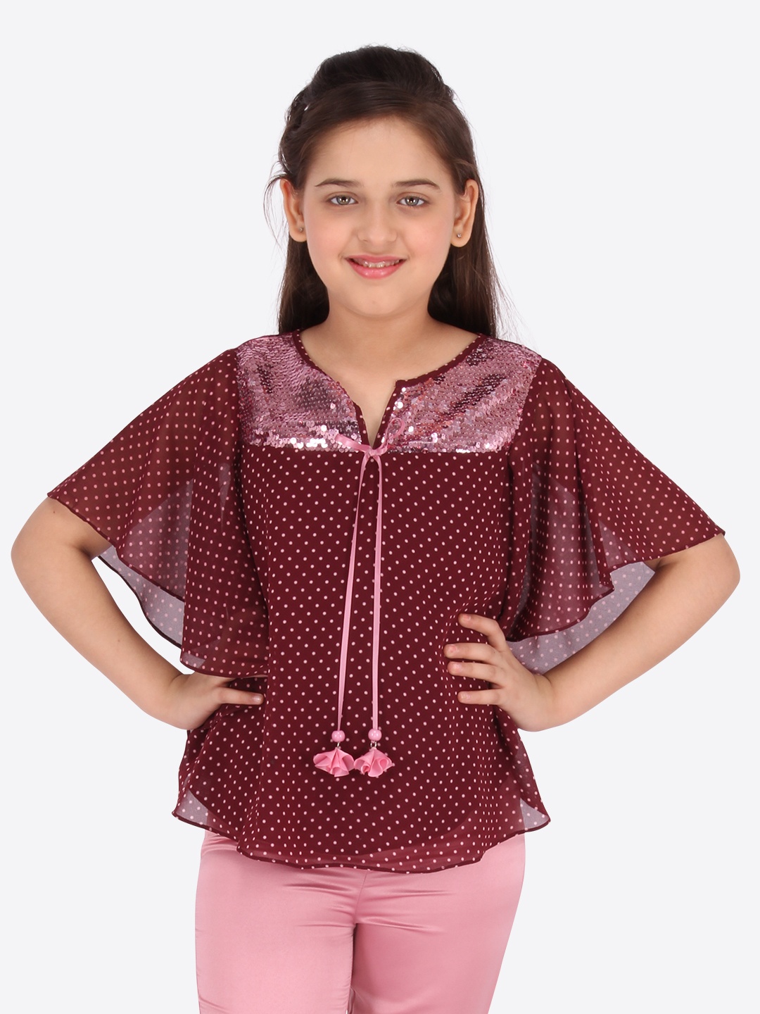 

CUTECUMBER Maroon & Pink Printed Kimono Sleeves Georgette Regular Top